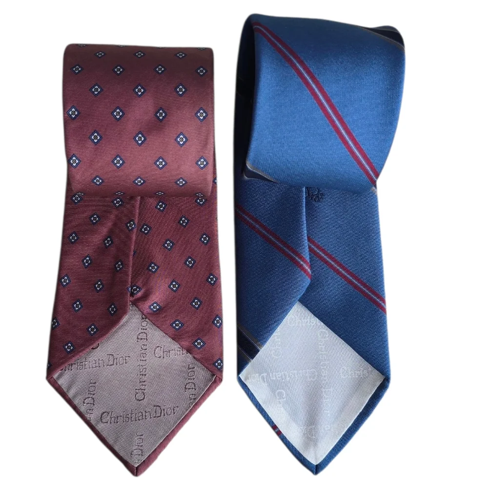 Christian Dior Neckties Set Of 2 Mauve Blue Stripes Diamonds
